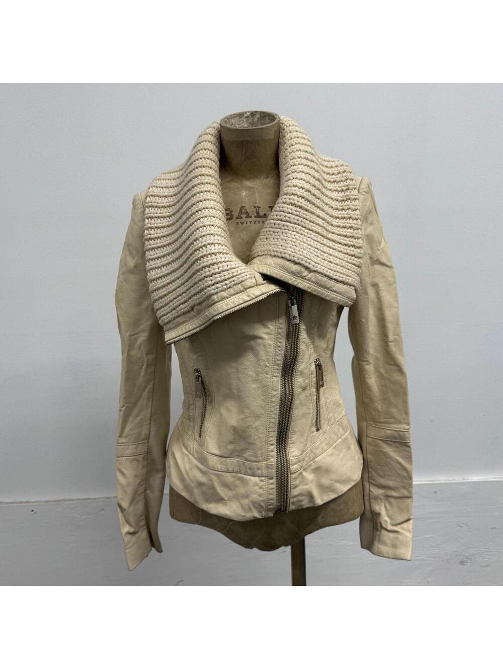 Vintage ONLY Star Zipper Cream Leather & Knit Moto Jacket